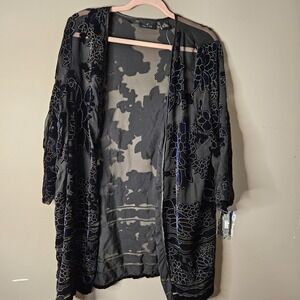 Juna Women Black Blue Floral Sheer Mesh Embroidered Open Kimono 3/4 1X